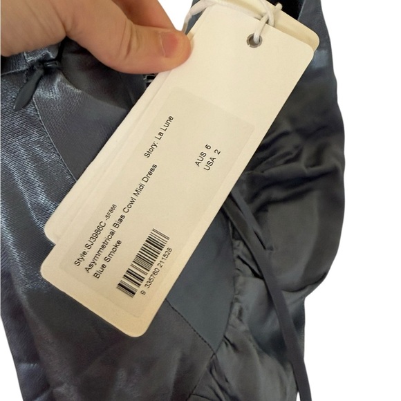 Shona Joy NEW La Lune Asymmetrical Bias Cowl Midi Dress in Blue Smoke - Picture 3 of 9